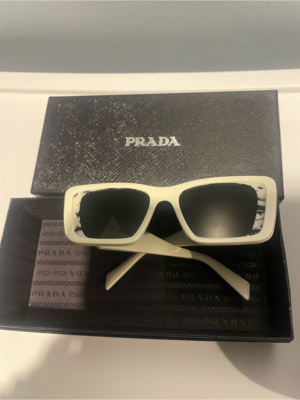 Prada Cream Rectangular Sunglasses with Marble Temples - Picture 5 of 7